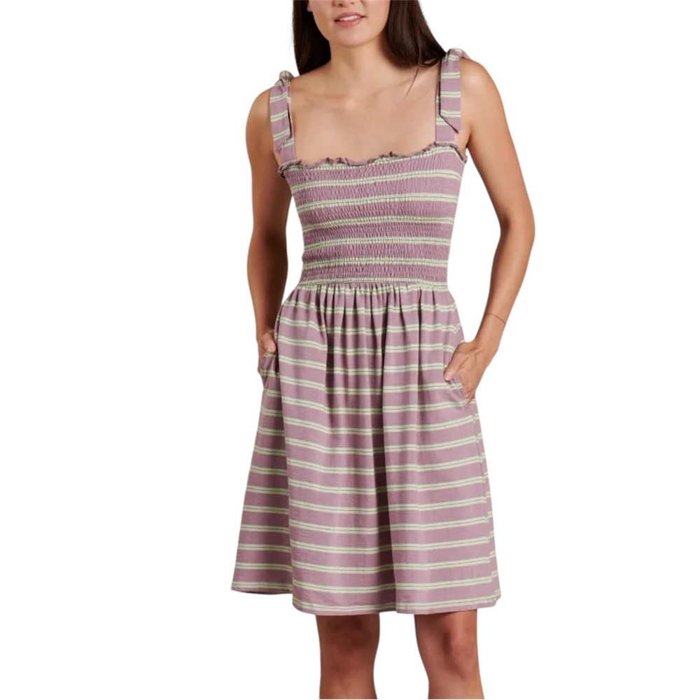 Toad & Co Gemina Sleeveless Dress Faded Lilac 90s Stripe Smocked NWT Size M